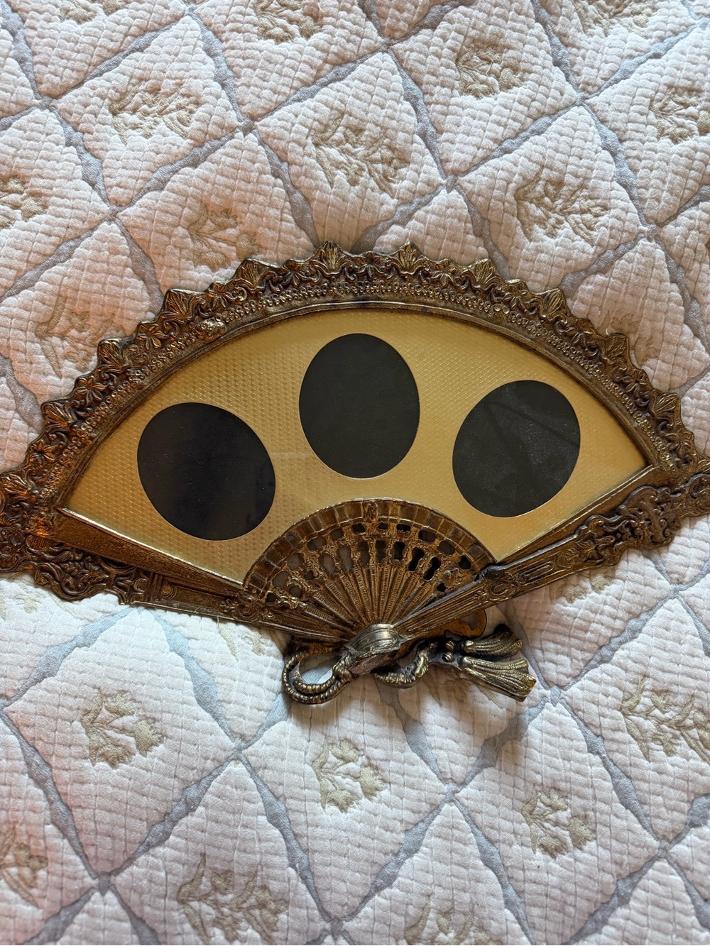 Antique Decorative Hand Fan Photo Frame - Gold Toned